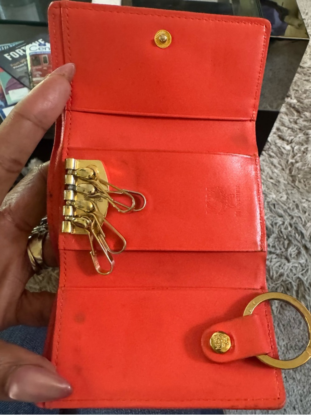 MCM Colorblock Trifold Key Pouch Wallet in Orange, Pink and Cognac/Beige - Picture 7 of 13